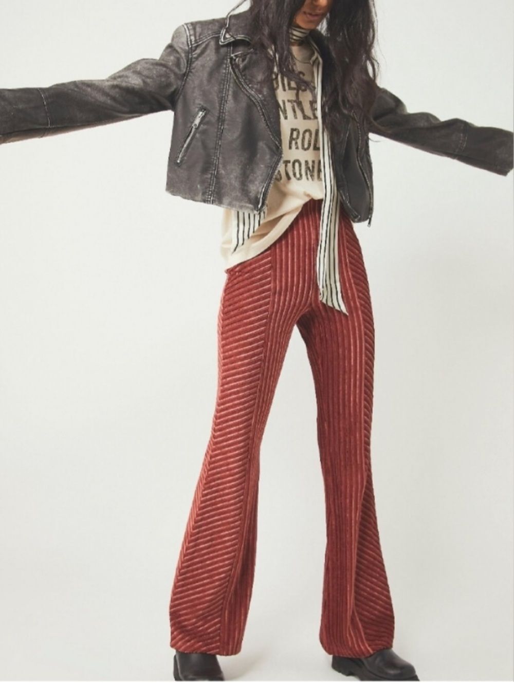 Free People velvet Flare Pants in Winterberry texture Stripe Size M